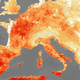 Satellite data of heat energy emitted from Europe on July 25, 2019, showing the current summer’s highest extremes.
